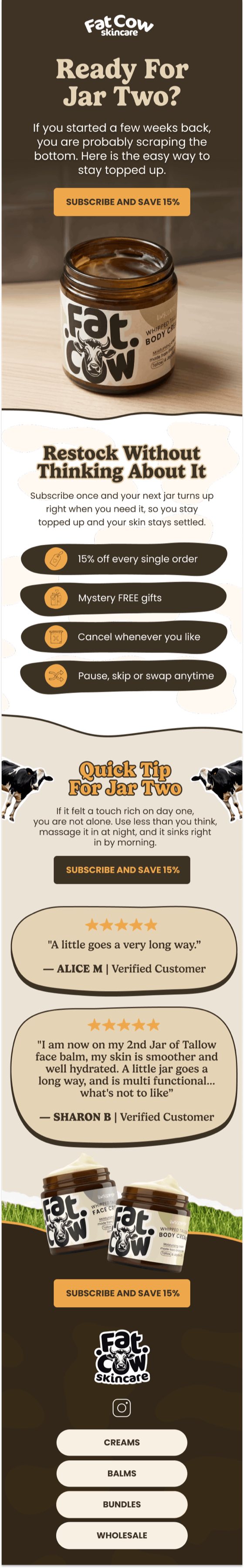 Fat Cow Skincare email asking customers if they are ready for jar two