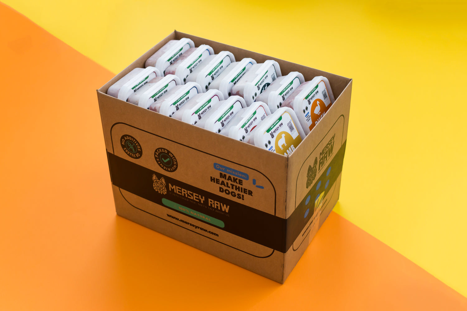 A Mersey Raw delivery box packed with raw dog food tubs