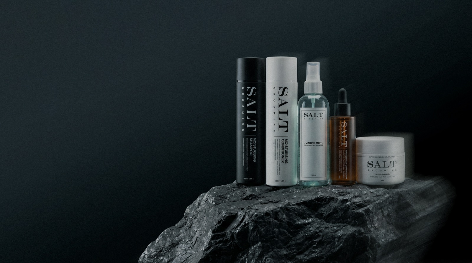 Salt Grooming product range on volcanic rock