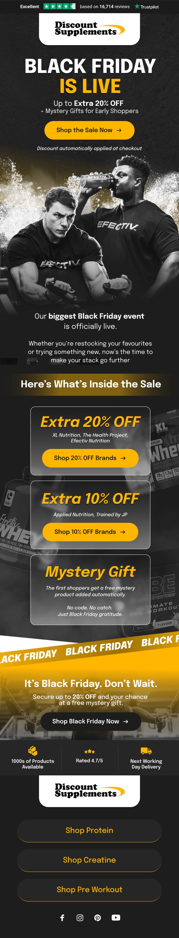 Discount Supplements Black Friday launch email announcing the sale is live with mystery gifts for early shoppers