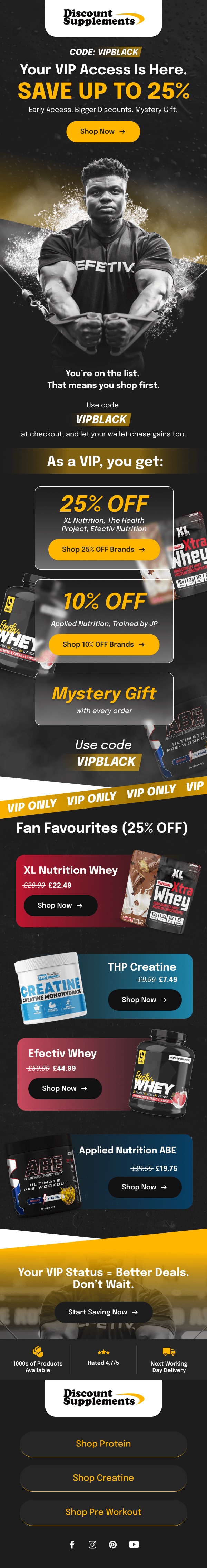 Discount Supplements Black Friday VIP access email with code and tiered brand discounts