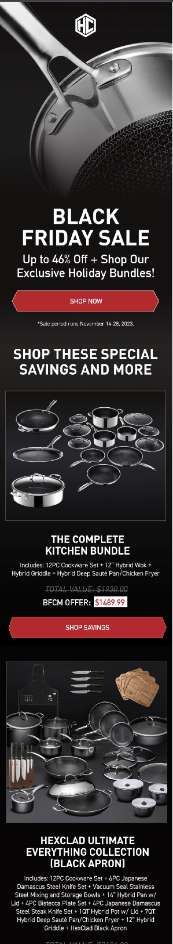 HexClad Black Friday email with holiday bundles and value-anchored pricing