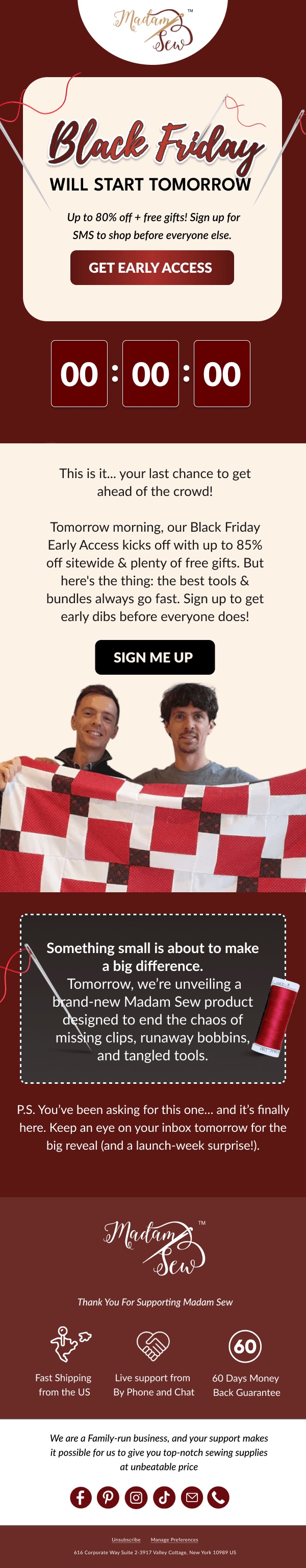 Madam Sew Black Friday early access signup email offering SMS subscribers first access