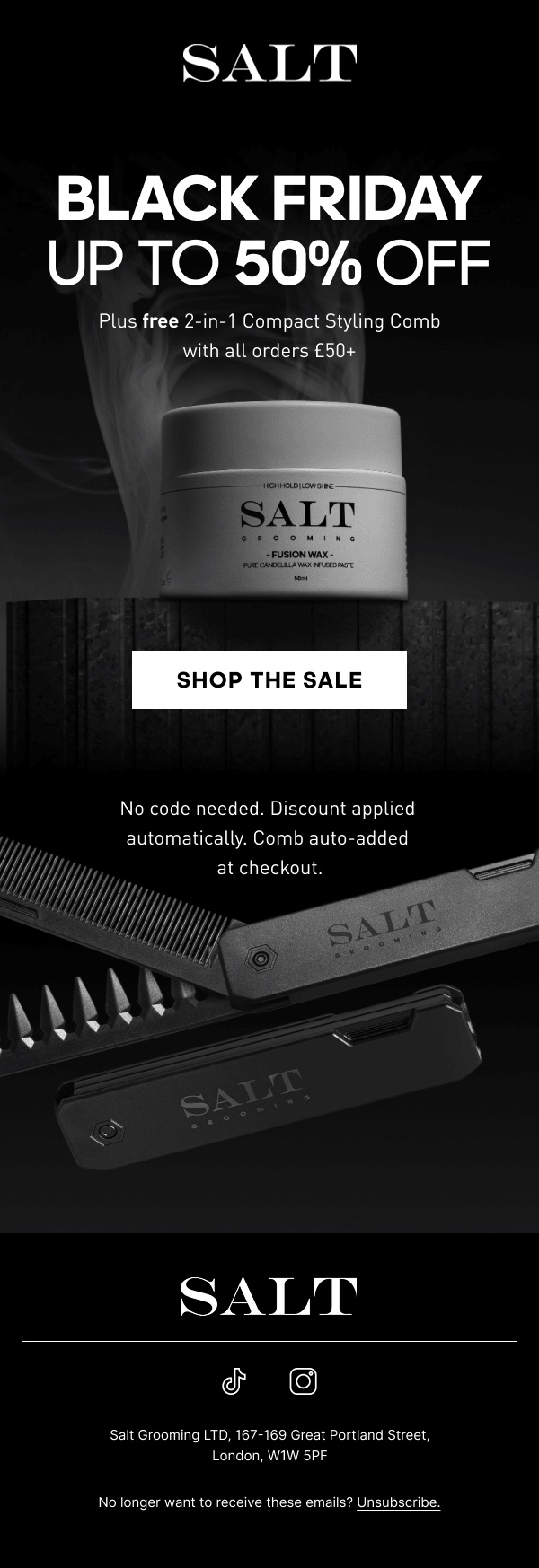 Salt Grooming Black Friday launch email with up to 50 percent off and automatic discount