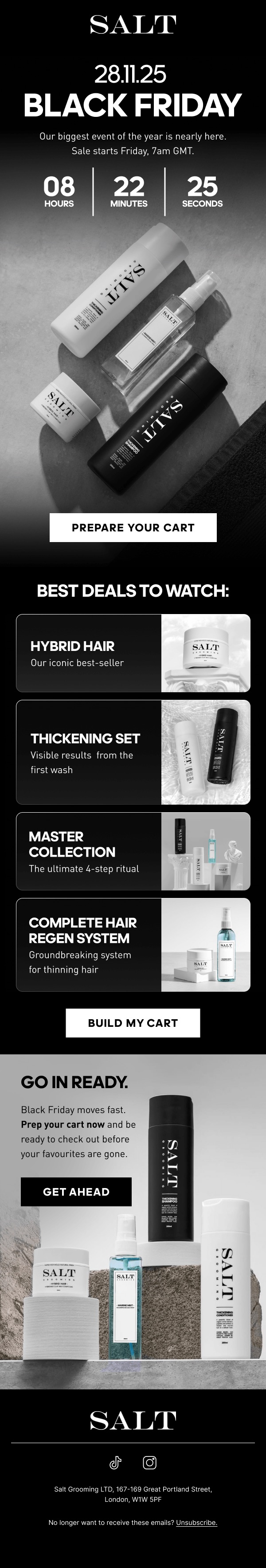 Salt Grooming Black Friday teaser email with countdown, date and prepare your cart call to action