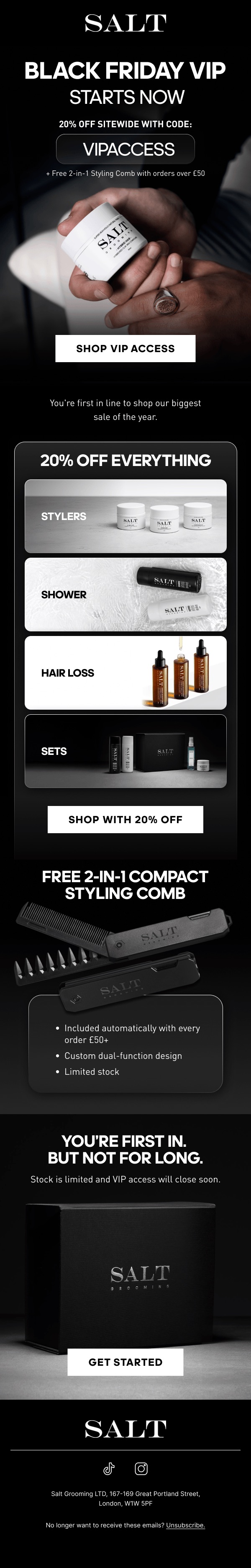 Salt Grooming Black Friday VIP email with 20 percent sitewide code and free gift over 50 pounds